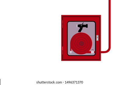 Red fire hose station hanged on the wall with red water line connected, role of hose inside the box with fire water nozzle and clear glass, fire water hose station use for fire fighting.