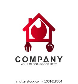 red fire house with spoon and fork logo, food and cooking vector, restaurant logo, home kitchen icon
