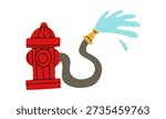 Red fire hydrant with hose and water splash. Isolated safety equipment icon for fire department infographic, city service posters, children educational book or web design projects