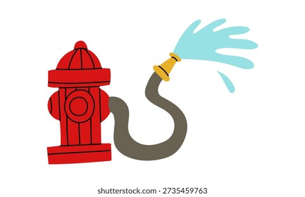 Red fire hydrant with hose and water splash. Isolated safety equipment icon for fire department infographic, city service posters, children educational book or web design projects