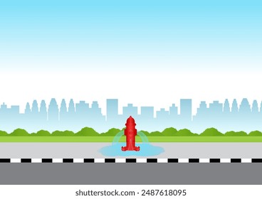 Red Fire Hydrant on the Road Side. Vector Illustration. 