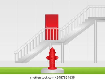 Red Fire Hydrant Outside the Office Building. Vector Illustration. 