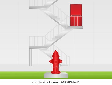 Red Fire Hydrant Outside the Office Building. Vector Illustration. 