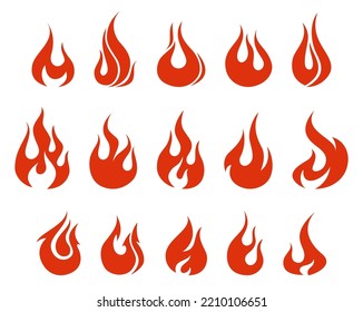 Red fire icons, flame shaped elements, vector illustrations set