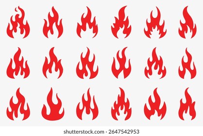 Conjunto de ícones de fogo vermelho, chamas, chama de várias formas, ilustração de vetor de fogueira