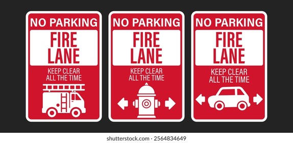 Red fire lane sticker label sign: Fire Department, No Parking, for emergency vehicle access and safety