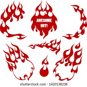 Red fire, old school flame shaped background elements, isolated vector illustrations