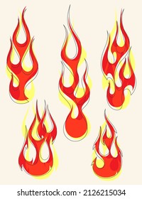 Red fire, old school flame shaped elements set, isolated vector illustrations
