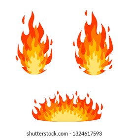 Red fire and orange flame. Campfire element. Hot bonfire kit. Heat and warm object. Cartoon flat illustration