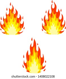 Red fire and orange flame. Campfire element. Hot bonfire kit. Heat and warm object. Cartoon flat illustration