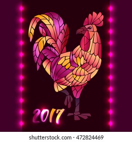 Red Fire Rooster. Chinese zodiac symbol. Vector element for New Year's design. Stained glass decorative illustration on dark bacground.