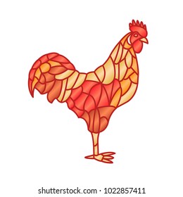 Red Fire Rooster Isolated on White Background. Rooster Symbol in Chinese Zodiac. Vector Illustration of Rooster in Stained Glass Decorative. Vector Illustration.