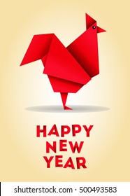 Red Fire Rooster origami style vector icon. Art illustration with red cock. Happy New Year 2017 card. Chinese horoscope.