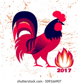 Red fire rooster as symbol of 2017. Vector illustration on grunge background