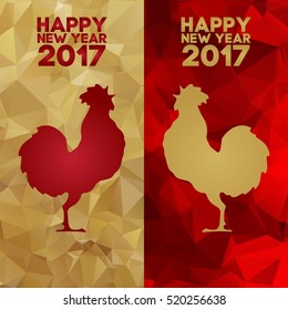 Red Fire Rooster triangle style vector icon. Art illustration with red cock. Happy New Year  card. Chinese horoscope. Gold polygon background. China New Year polygon Symbol Rooster. 