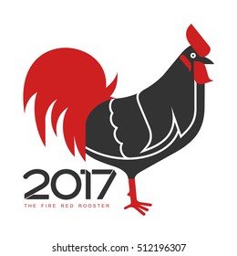 Red fire rooster vector illustration in flat style. Symbol of 2017 Year on the Chinese calendar. New Year, symbol of the year. Advertisements, signs, stickers. Isolated on a white background