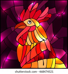 Red Fire Rooster. Rooster year Chinese zodiac symbol. Vector element for New Year's design. Stained glass decorative illustration.