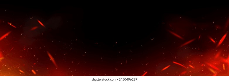 Red fire and smoke overlay with flame spark glow on black background. 3d abstract hot flying ember shine. Realistic apocalypse heat fog. Bright bonfire flake particle motion corner panorama frame