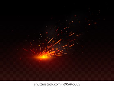 Red fire sparks flying up, glowing particles. Isolated on a black transparent background. Vector illustration, eps 10.