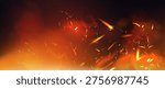 Red fire sparks overlay effect on black background. Burning campfire flame with ember particles flying in air at night. Abstract magic glow, energy blaze and shine Realistic 3d vector illustration