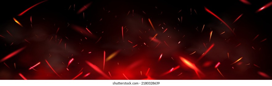 El fuego rojo chispa sobre el efecto superpuesto, quemando llama de fuego de campana con partículas de miembro volando en el aire por la noche. Resumen mágico resplandor, energía deslumbrante y brillo en el fondo negro. Ilustración vectorial 3d realista