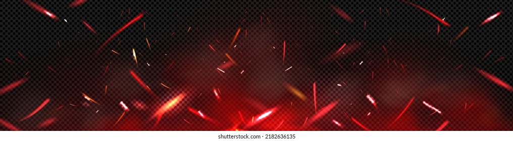 Red fire sparks overlay effect, burning campfire flame with ember particles flying in air at night. Abstract magic glow, energy blaze and shine on black background. Realistic 3d vector illustration