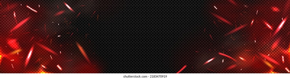 Red fire sparks overlay effect, burning campfire flame with ember particles flying in air at night. Abstract magic glow, energy blaze and shine on black background. Realistic 3d vector illustration