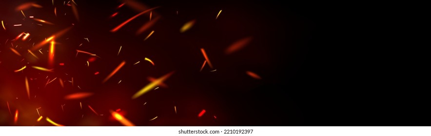 Red fire sparks overlay effect on black background. Burning campfire flame with ember particles flying in air at night. Abstract magic glow, energy blaze and shine Realistic 3d vector illustration