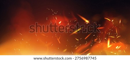 Red fire sparks overlay effect on black background. Burning campfire flame with ember particles flying in air at night. Abstract magic glow, energy blaze and shine Realistic 3d vector illustration