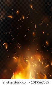 Red Fire sparks vector flying up. Burning glowing particles. Flame of fire with sparks in the air over a dark night. Firestorm texture. Isolated on a black transparent background.