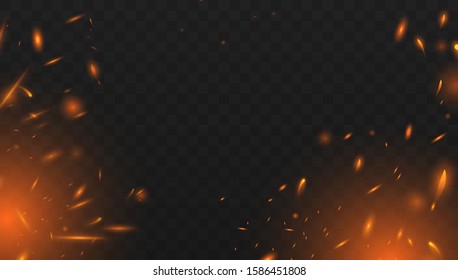 Red Fire sparks vector flying up. Realistic isolated fire effect with smoke for decoration and covering on the transparent background.  Concept of sparkles, flame and light. Vector illustration EPS10