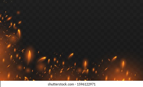 Red Fire sparks vector flying up. Realistic isolated fire effect with smoke for decoration and covering on the transparent background. Red and yellow light effect. 