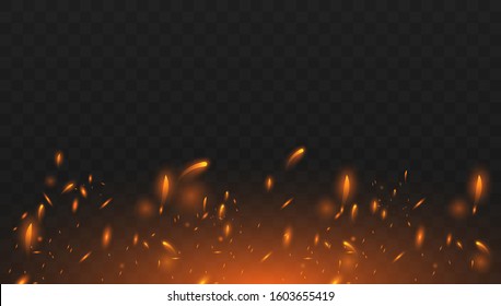 Red Fire sparks vector flying up. Burning glowing particles. Realistic isolated fire effect with smoke for decoration and covering on the transparent background.  