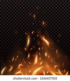Red Fire sparks vector flying up. Burning glowing particles. Flame of fire with sparks in the air isolated on a black transparent background.