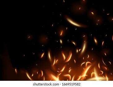 Red Fire sparks vector flying up. Burning glowing particles. Isolated on a black transparent background.