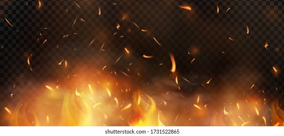 Red Fire sparks vector flying up. Burning glowing particles. Flame of fire with sparks in the air over a dark night. Firestorm texture. Isolated on a black transparent background.