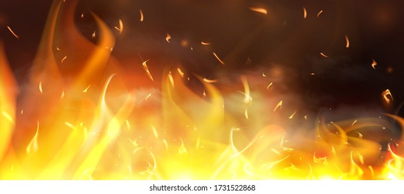 Red Fire sparks vector flying up. Burning glowing particles. Flame of fire with sparks in the air over a dark night. Firestorm texture. Isolated on a black transparent background.