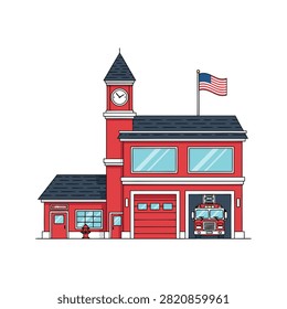 Red fire station with clock tower and american flag featuring fire truck and hydrant on clean white background.