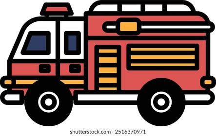 A red fire truck with a blue stripe. The fire truck is drawn in a cartoon style