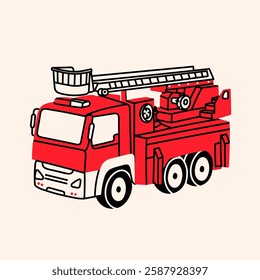 Red Fire truck. Cartoon flat style. Fire, safety, firefighter, emergency equipment concept. Hand drawn modern Vector illustration. Isolated design element. Logo, icon, print, sticker template