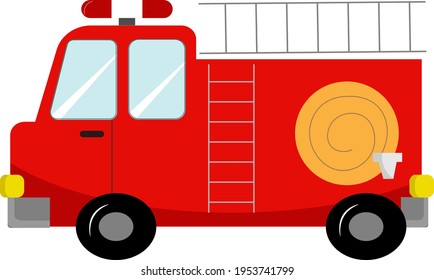 Red fire truck childrens toy illustration. Vector illustration on white isolated background. Drawing for use in prints, patterns, childrens products, games, cards and invitations, logos, brochures.
