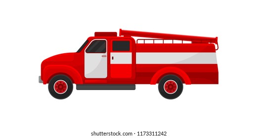 Red fire truck, emergency service for firefighting operation vector Illustration on a white background