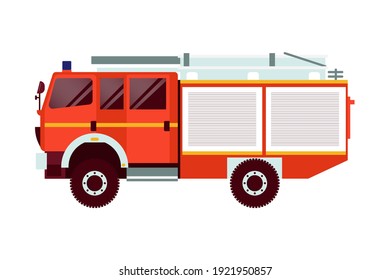 Red Fire Truck Emergency Vehicle. Modern Flat Style Vector Illustration. Social Media Template.