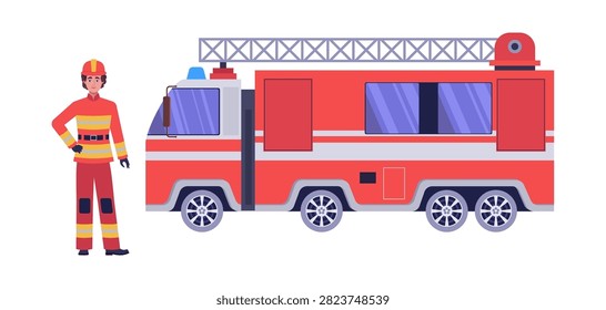 Red fire truck with a firefighter character standing beside it. Flat vector illustration for rescue transport and emergency service.