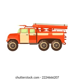 camión de bomberos rojos. Ilustración de dibujos animados de bomberos y equipos de extinción de incendios. Camión de bomberos, departamento de emergencia, rescate, pala, aislado en fondo blanco