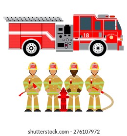 Red fire truck and fireman. Firefighters in yellow uniform. Fire brigade and team. Rescue. Vector illustration