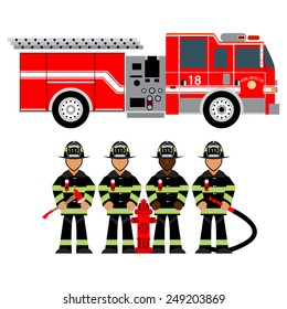 Red fire truck and fireman in uniform. Firefighters. Fire brigade and team. Rescue. Vector illustration