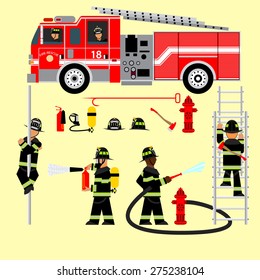 Red fire truck and fireman in uniform. Firefighters. Fire brigade and team. Various actions. Set of fire elements. Rescue. Vector graphics.