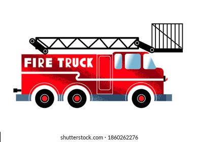 Camión rojo de bomberos. Camión de fuego para bomberos con escalera negra. Ilustración del vector del vehículo de emergencia del departamento de bomberos. Transporte para extinción de incendios aislado en el fondo blanco.