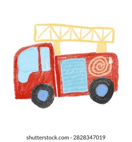 Red Fire Truck Hand Drawn Crayon Illustration